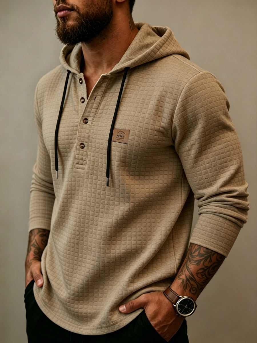 Men'S Fashion Hooded Sweatshirt, Autumn/Winter New Long Sleeve Half-Open Cardigan Top, Niche Small Checkered Jacquard Comfortable Warm Fabric, Solid Color Knit with Hood Craft Trendy Men'S Clothing, New Fabric Craft Design - Khaki