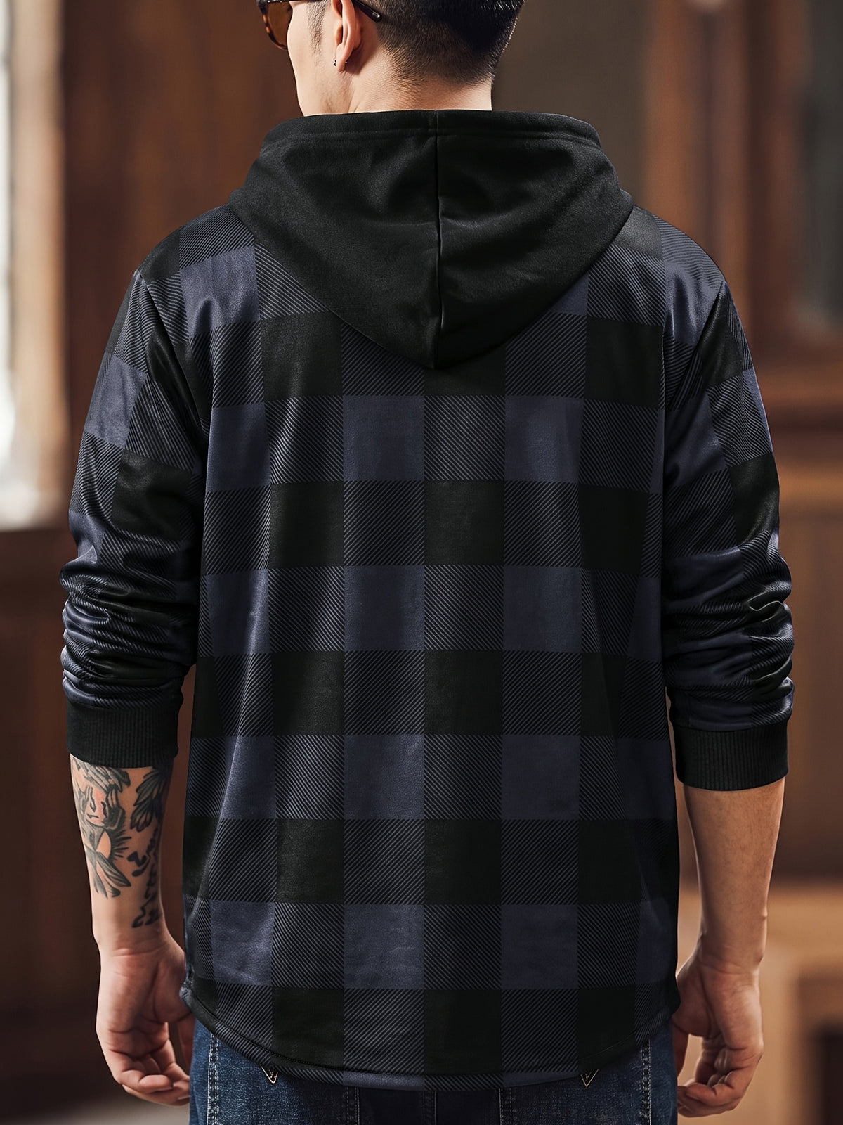 Men's Vintage Plaid Jacket, Men's Casual -Lined Shirt Jacket, Single-Breasted with Hood, Long Sleeve Outerwear, Men's Top, New Spring/Autumn Men's Outerwear - Navy Color