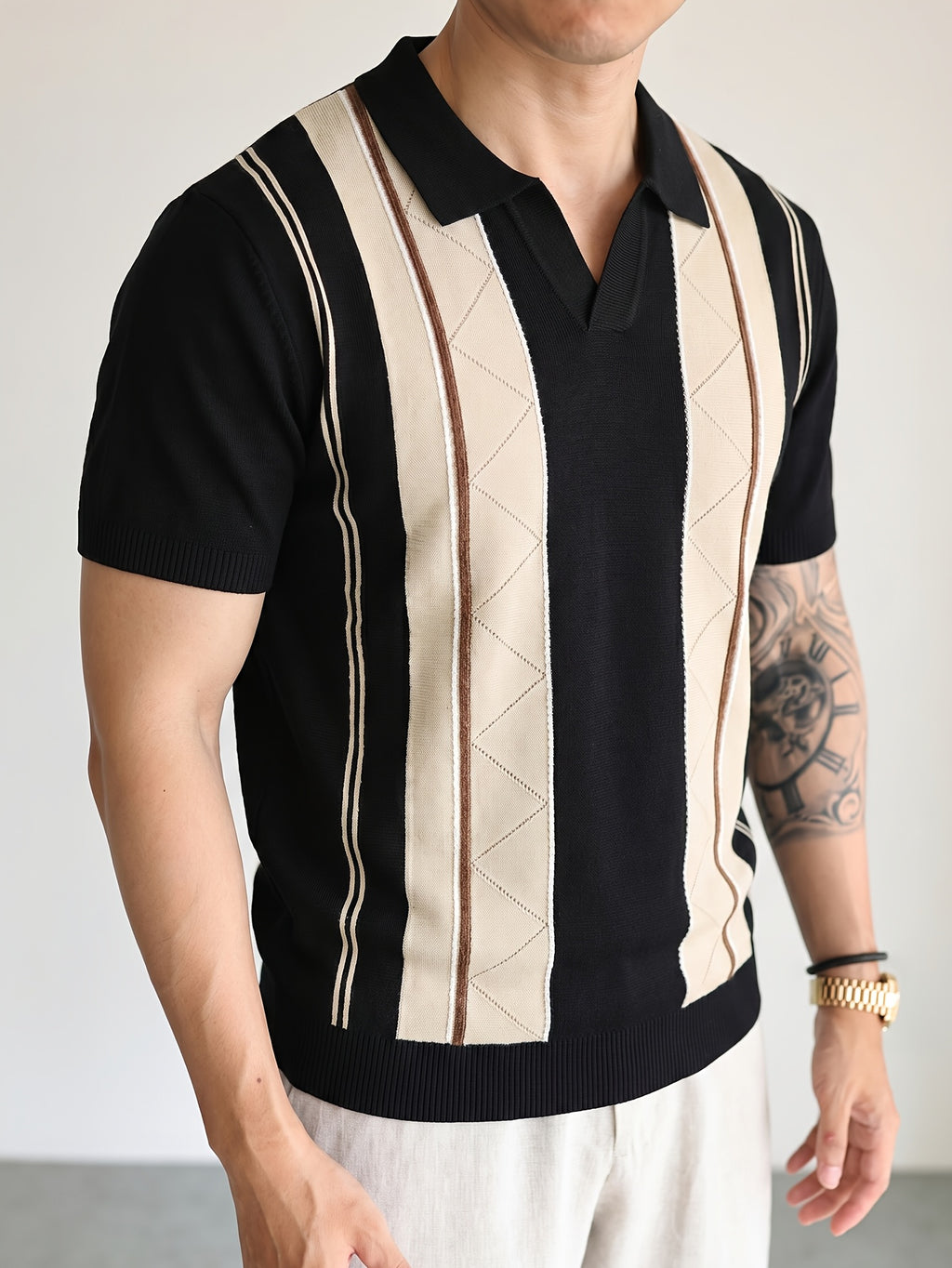 Men's Breathable Knit Short Sleeve Shirt - Vertical Stripe Color Block V-Neck Lapel Collar, Sheer Yet Opaque Mesh Golf & Business Casual Suitable for Golfing, Office, Semi-Formal Wear - Machine Washable Year-Round Versatile Top - Black