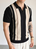 Men's Breathable Knit Short Sleeve Shirt - Vertical Stripe Color Block V-Neck Lapel Collar, Sheer Yet Opaque Mesh Golf & Business Casual Suitable for Golfing, Office, Semi-Formal Wear - Machine Washable Year-Round Versatile Top - Black