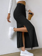Solid Color Letter Patch High-Waisted Slit Casual Long Dress - Black