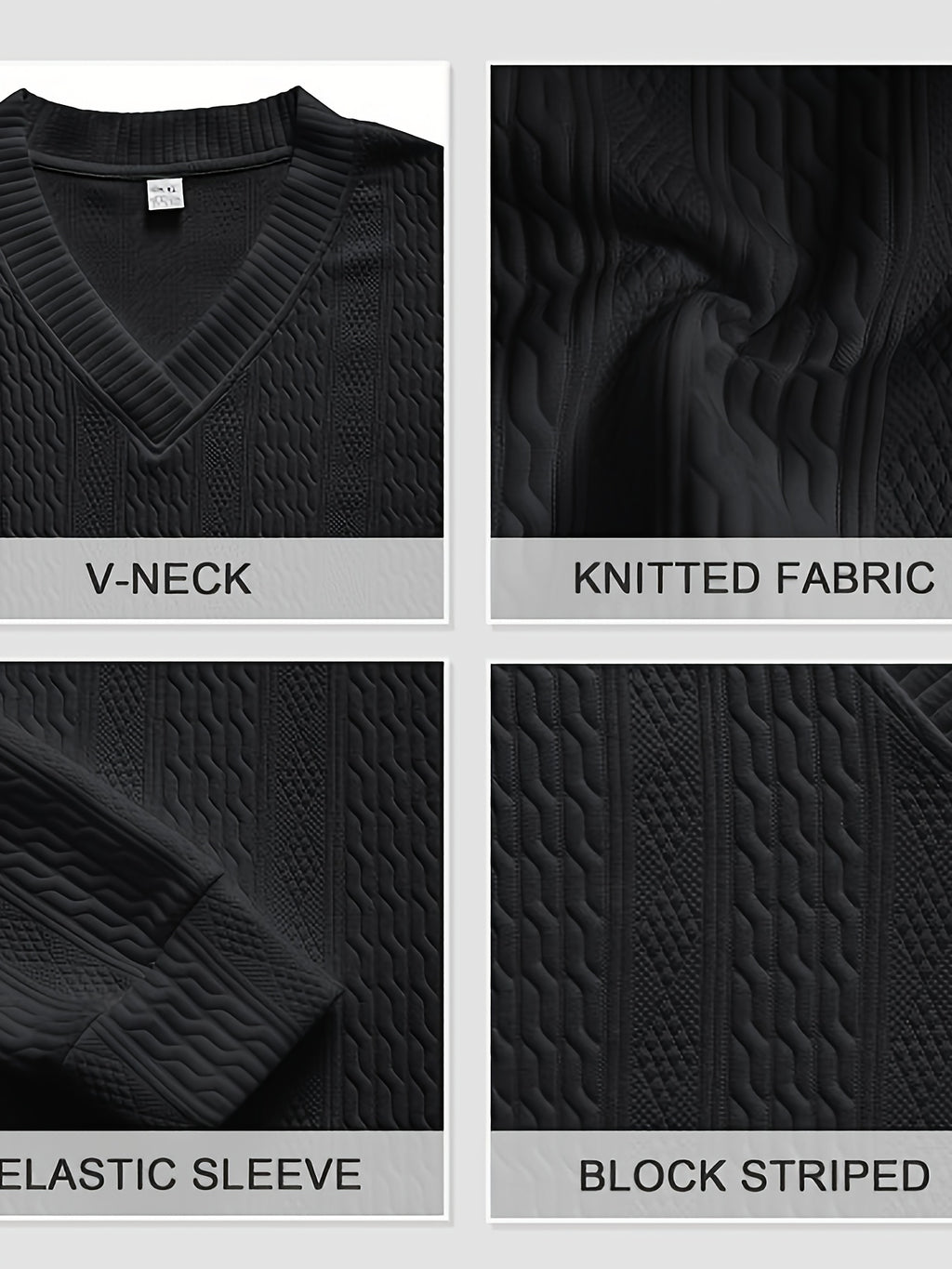 Fall Winter Men'S Casual Cable Knit Pullover, V-Neck Long Sleeve Textured Sweater with Ribbed Neckline, Cuffs, And Hem, Relaxed Everyday Top for Business Casual, Weekend, Dinner, Vacation, Travel, And Outdoor Walks - Black
