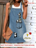 [Printed Pants - Not Faux Denim Fabric][2D Printed] [Faux Denim] 1pc Round Neck Printed Vest Skirt, Women'S Clothing, Digital Print, Full Print, Faux Denim Suspender Skirt Cute Panda Bamboo Fun Pattern Casual Dress, Comfortable Fabric - Mixed colors
