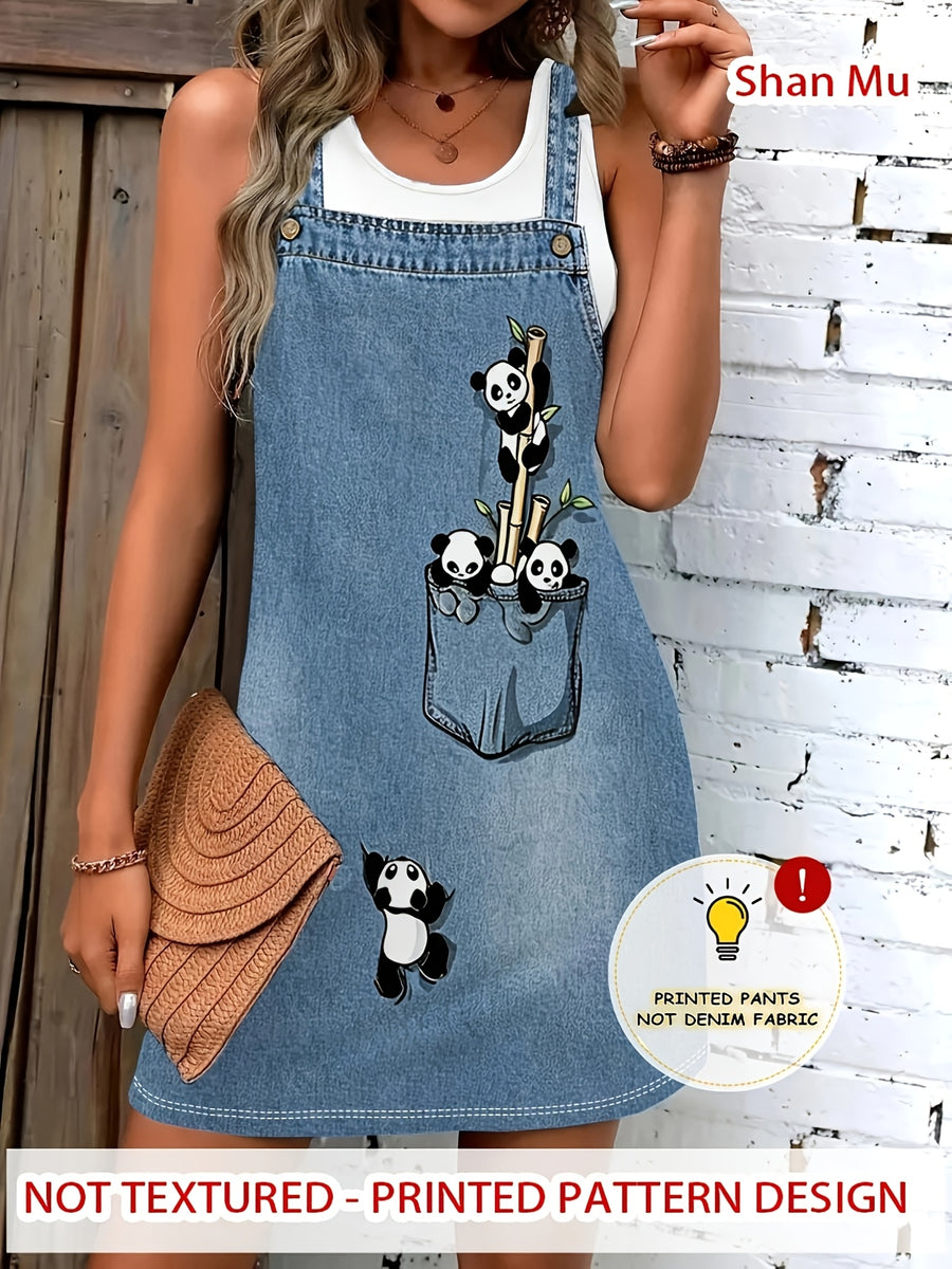 [Printed Pants - Not Faux Denim Fabric][2D Printed] [Faux Denim] 1pc Round Neck Printed Vest Skirt, Women'S Clothing, Digital Print, Full Print, Faux Denim Suspender Skirt Cute Panda Bamboo Fun Pattern Casual Dress, Comfortable Fabric - Mixed colors