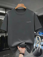 Casual Minimalist Style, Men's T-Shirt, Small Embroidered Letter Design, Summer Daily Wear, Gift for Boyfriend Or Husband - Dark Gray