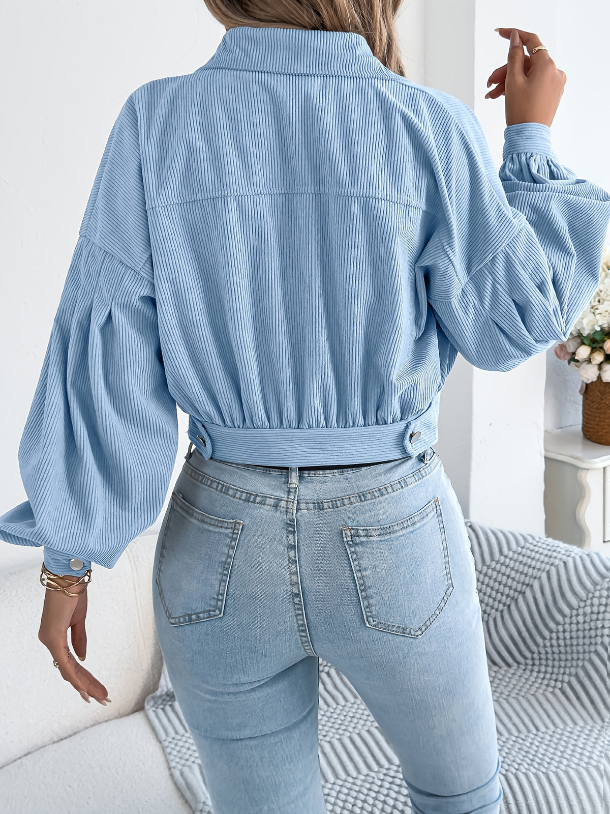 Spring Autumn Casual Vacation Solid Color Single Breasted Lantern Long Sleeve Corduroy Short Coat Women'S Jacket - Light Blue