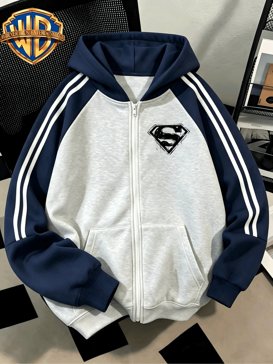 Men'S Drop Shoulder Color-Block Hooded Zipper Cardigan Sweatshirt, American Graffiti Splatter Superman Logo Print, Autumn/Winter Loose Contrast Striped Sporty Hoodie, Trendy Fashion Casual All-Match Sporty Zipper Pocket Hooded Men'S Sweatshirt - Gray And Navy Blue