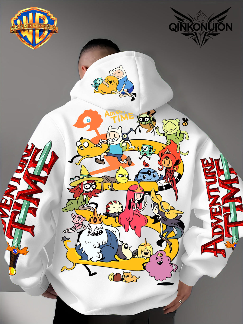 Warner Official Men's Hoodie, Adventure Treasure Full Character Gathering Adventure Print Design, Machine Washable, Warm and Casual for Autumn and Winter, Daily Drawstring Hoodie, Multifunctional Sports and Casual Loose Fit - White