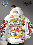 Warner Official Men's Hoodie, Adventure Treasure Full Character Gathering Adventure Print Design, Machine Washable, Warm and Casual for Autumn and Winter, Daily Drawstring Hoodie, Multifunctional Sports and Casual Loose Fit - White