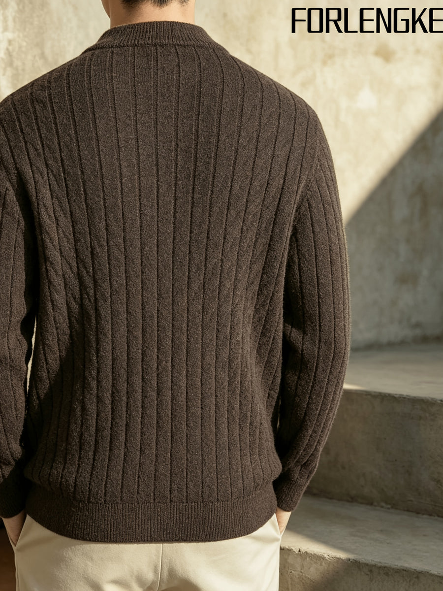 FORLENGKE Men'S Stand Collar Zip-Up Knit Jacket, Autumn And Winter Retro Cable Knit Sweater Cardigan, Comfortable Soft Long Sleeve Top, Everyday Commuting Casual Easy Versatile Knitwear in Multiple Colors - Coffee Color