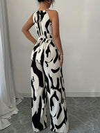 Women'S Printed Fabric Ruched Jumpsuit with Halter Neck, Elegant for Holiday And Everyday Wear - Black And White