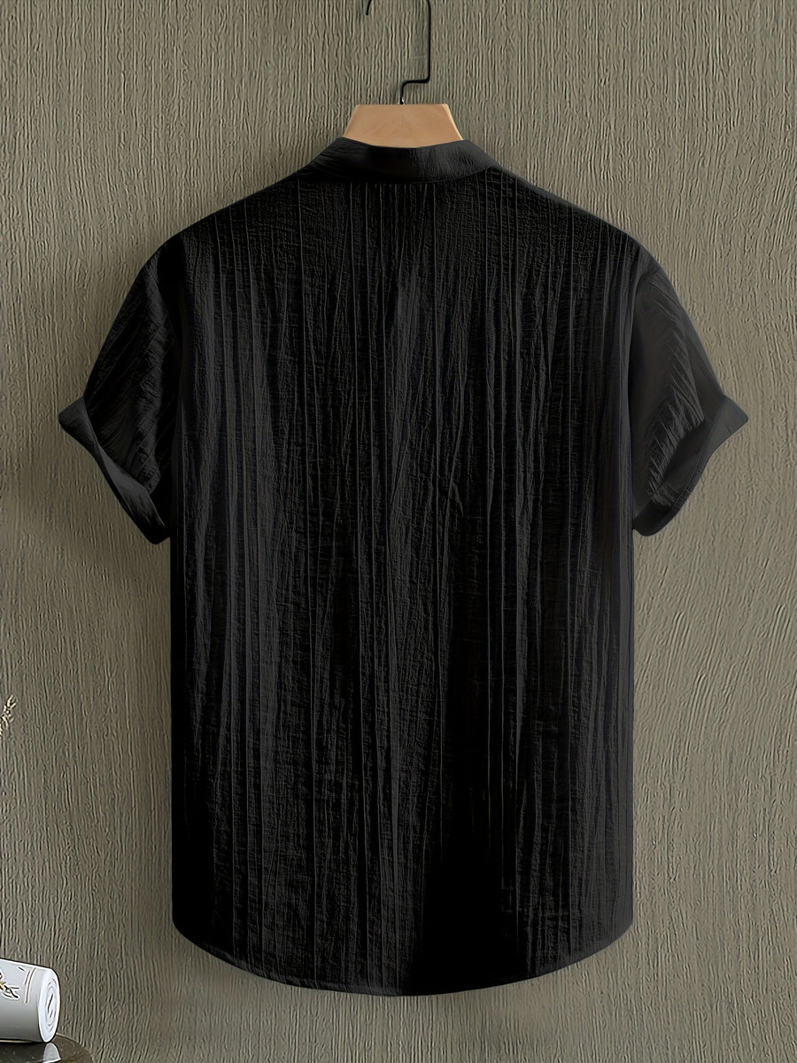 Pearson OBM Men's Summer Solid Color Semi-Transparent Short Sleeve Casual Stand Collar Shirt, Button-Up Fashion Versatile Shirt for Beach Vacation Pool Party - Black