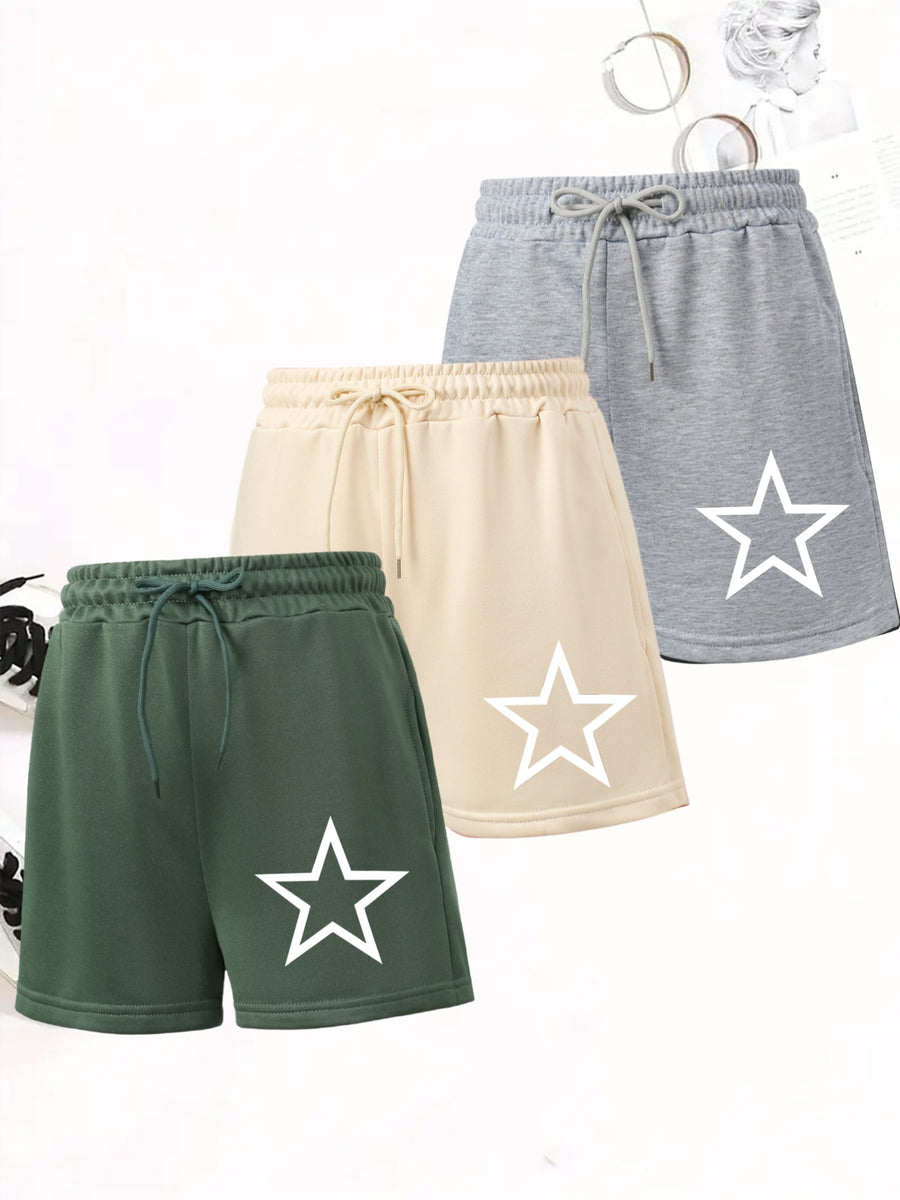 Set of 3 Women'S Star Print Drawstring Shorts - Gray+Apricot+Green