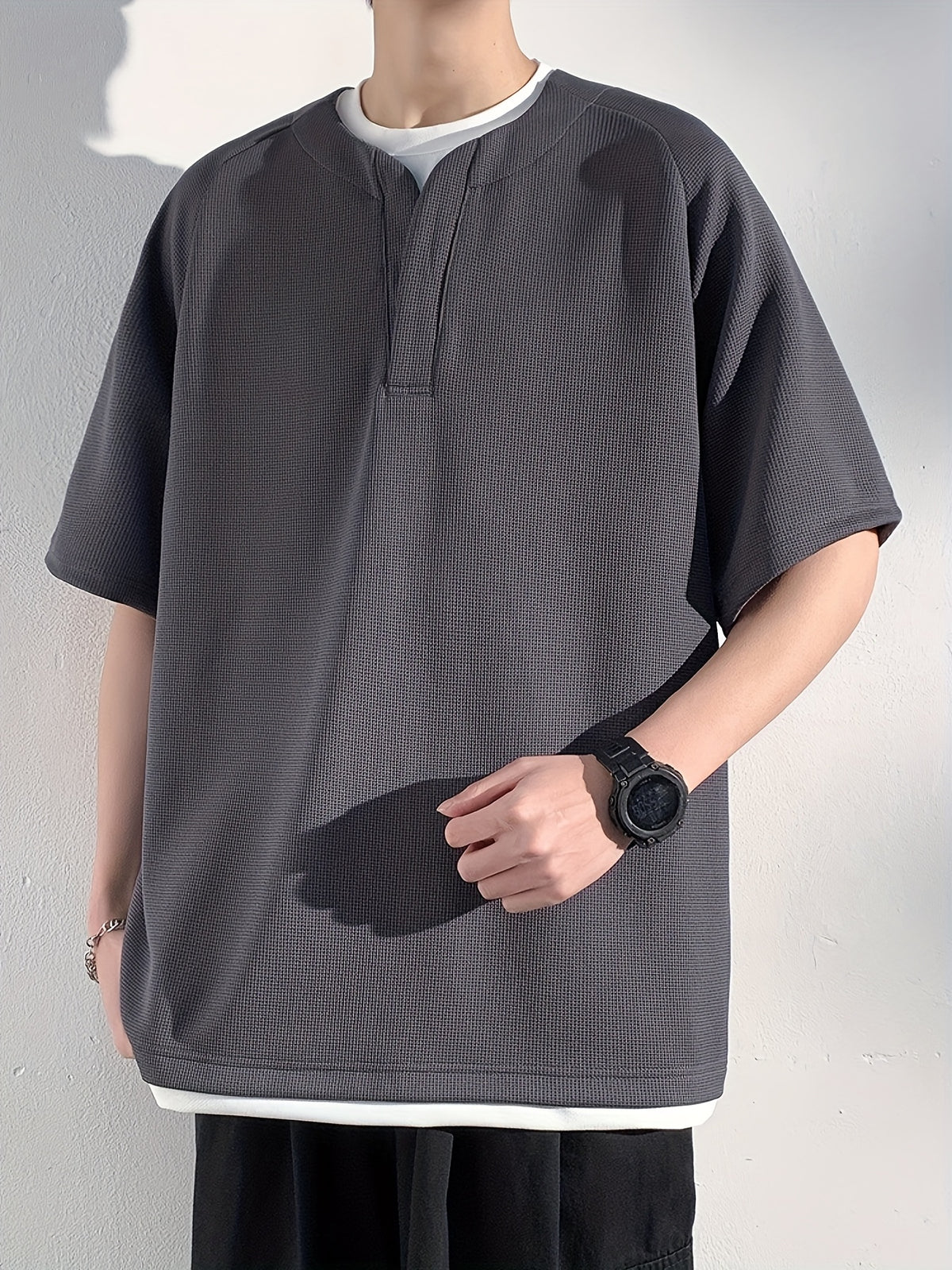 Men'S Summer Short-Sleeve Faux Two-Piece Polo Shirt Sweatshirt - Grey