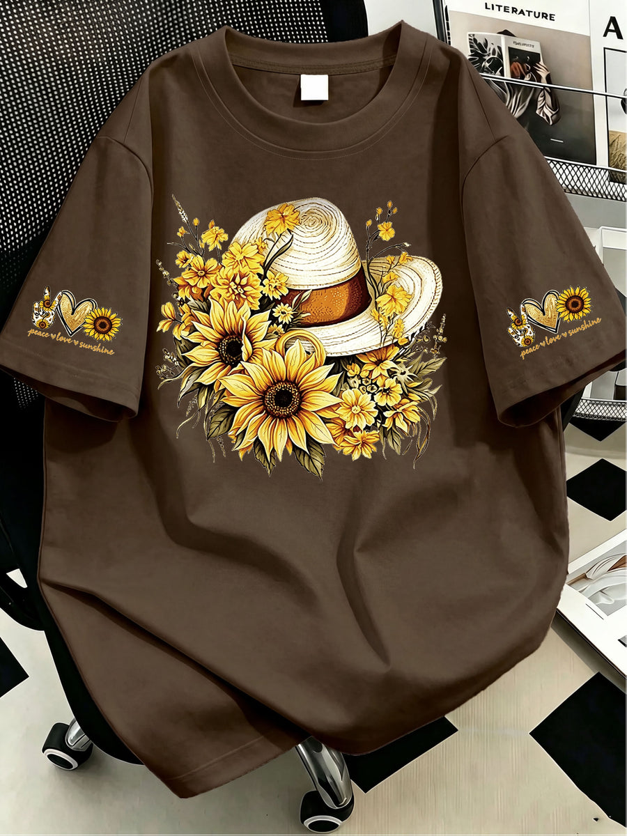 Plus Size, Plus-size Sunflower Print Round-neck Women's Casual Short-sleeve T-shirt, Suitable for Summer Vacations, Casual and Comfortable - Dark Brown