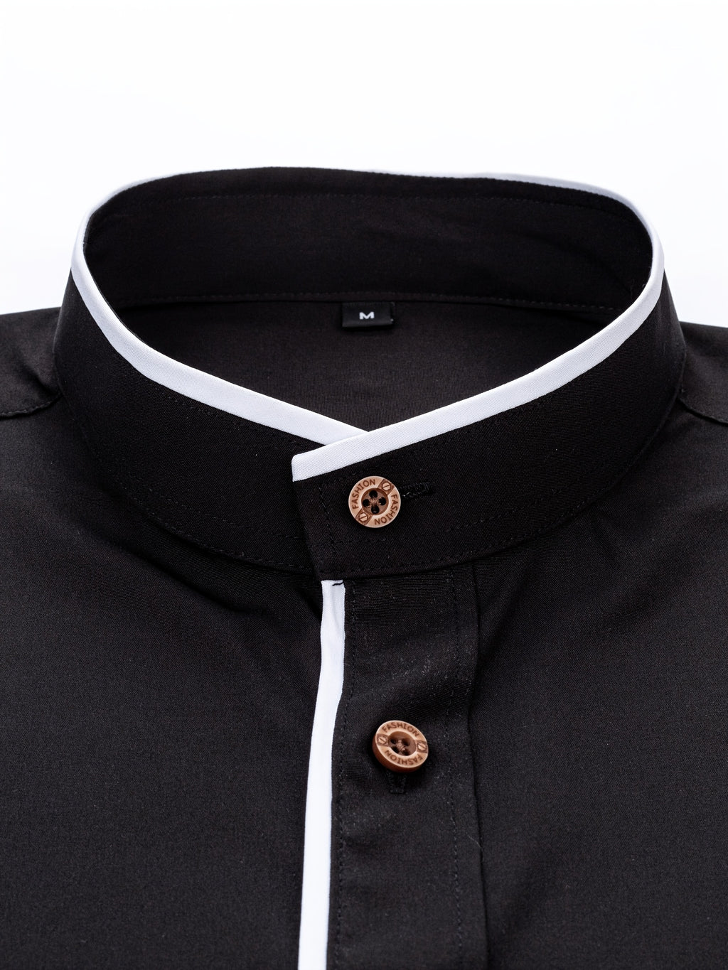 Men'S Short-Sleeved Shirt, Henley Collar/Stand-Up Collar Design, Placket Splicing Contrast Color Design - Black
