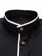 Men'S Short-Sleeved Shirt, Henley Collar/Stand-Up Collar Design, Placket Splicing Contrast Color Design - Black