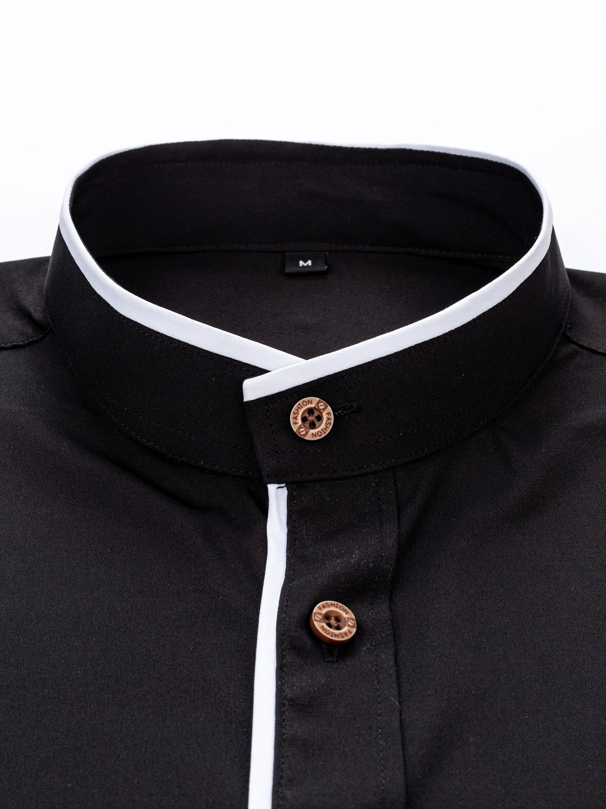 Men'S Short-Sleeved Shirt, Henley Collar/Stand-Up Collar Design, Placket Splicing Contrast Color Design - Black