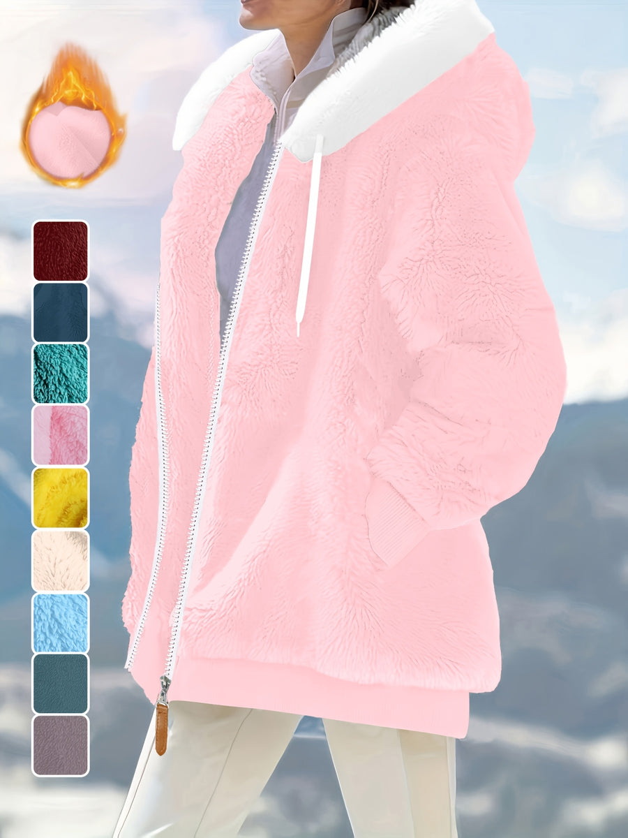 Ladies Autumn Winter Relaxed Cut Plush Hooded Outercoat, Contrast Color Trim Zip Front Warm Lined Jacket, Ribbed Cuff Windproof Casual Outerwear for Daily Commuting and Cold Season Everyday Styling - Pink Color