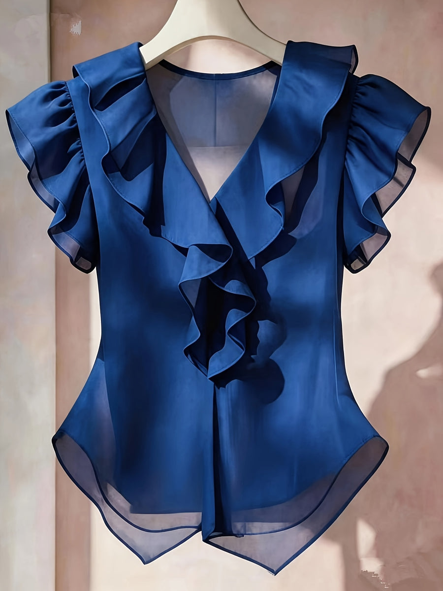 Summer French Solid Ruffled Fly Short Sleeve Shirt Chiffon Top Women'S - Royal Blue