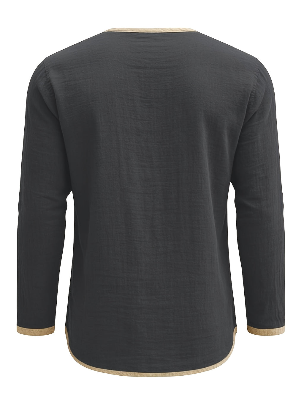 Men's Retro Color-Block Cotton And Linen Blend Button-Up Henley Long Sleeve Polo Shirt, 2pcs. Breathable & Relaxed Fit. Casual Outdoor, Work & Party Wear. Versatile Spring/Fall/Autumn Layering Essential - Dark Grey+Navy Blue