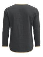 Men's Retro Color-Block Cotton And Linen Blend Button-Up Henley Long Sleeve Polo Shirt, 2pcs. Breathable & Relaxed Fit. Casual Outdoor, Work & Party Wear. Versatile Spring/Fall/Autumn Layering Essential - Dark Grey+Navy Blue