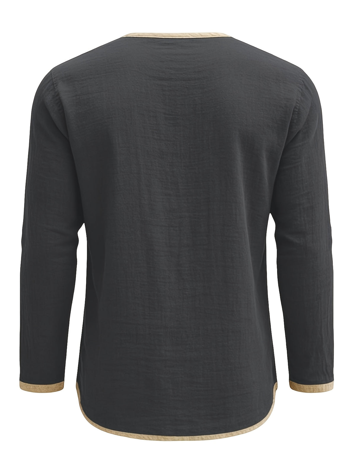 Men's Retro Color-Block Cotton And Linen Blend Button-Up Henley Long Sleeve Polo Shirt, 2pcs. Breathable & Relaxed Fit. Casual Outdoor, Work & Party Wear. Versatile Spring/Fall/Autumn Layering Essential - Dark Grey+Navy Blue