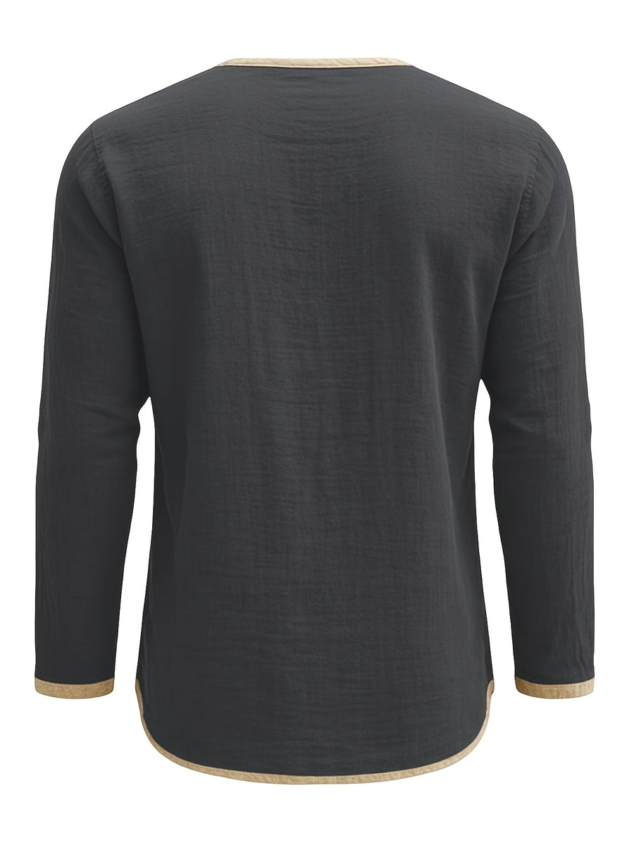 Men's Retro Color-Block Cotton And Linen Blend Button-Up Henley Long Sleeve Polo Shirt, 2pcs. Breathable & Relaxed Fit. Casual Outdoor, Work & Party Wear. Versatile Spring/Fall/Autumn Layering Essential - Dark Grey+Navy Blue