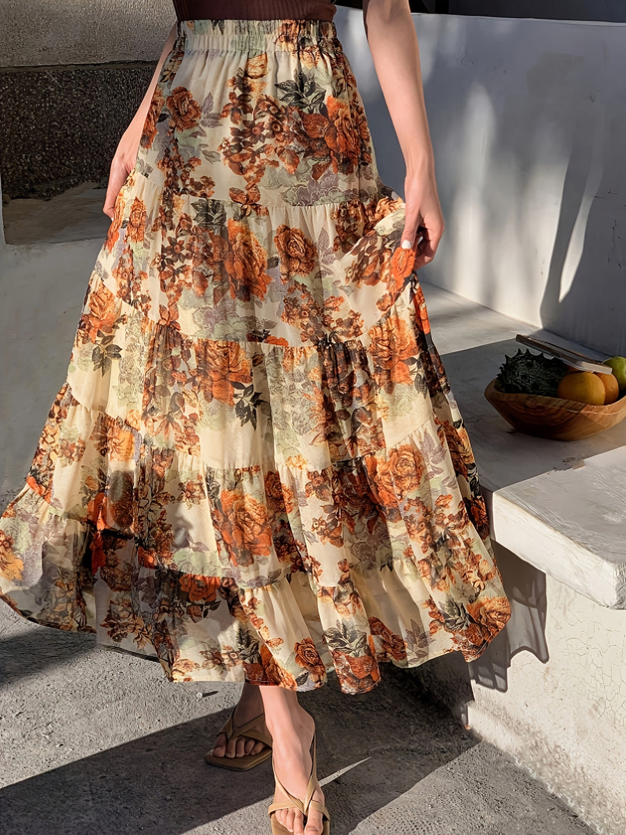 Women'S Casual A-Line Skirt, Cute Floral Print, Easy Design, Suitable for Daily Wear, Ruffled Trim - Khaki