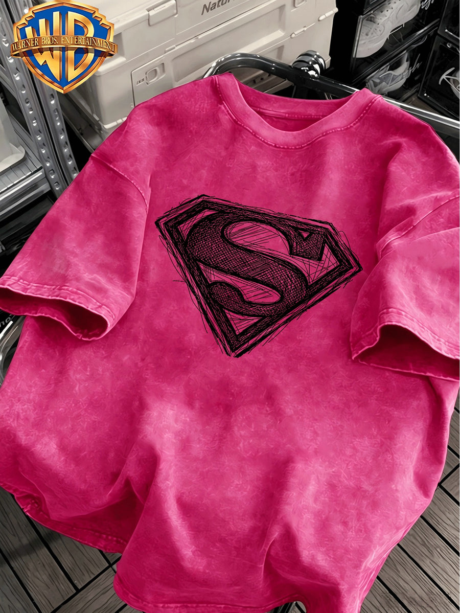 100% Washed Distressed T-Shirt, Superman Sketch S Shield Street Print, American Retro Street Cool Short Sleeve Top, Suitable for Outdoor Wear, Gym, Office, And Daily Fashion, Essential for Men'S Wardrobe - Unisex - Rose Red