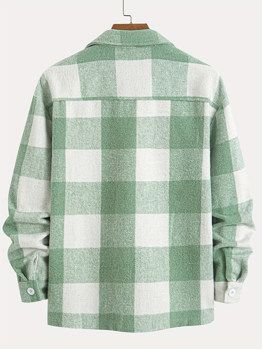 1pc of Plaid Casual Jacket, Casual Sports Jacket, Lapel Button Cardigan Jacket - Green