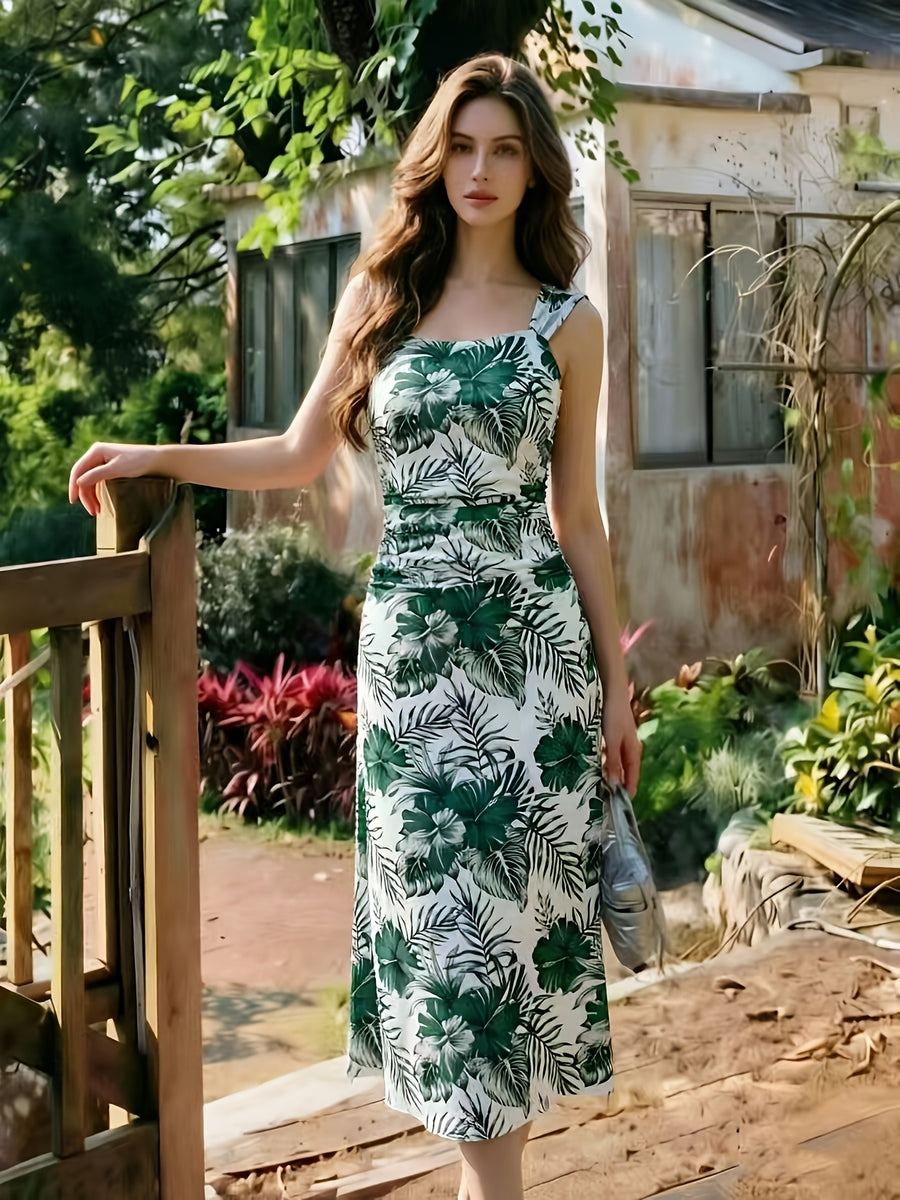 ASD1 2026 New Suspender Dress Women'S Summer Pleated Waist Temperament Mid-Length Dress, Mesh Dress, Gentle Style Fairy Dress. Retro Print Dress, Diverse Color Design, Gentle Vacation Style Long Skirt, French Romantic Style, Drape Mesh, Beach - White Green Leaf Pattern