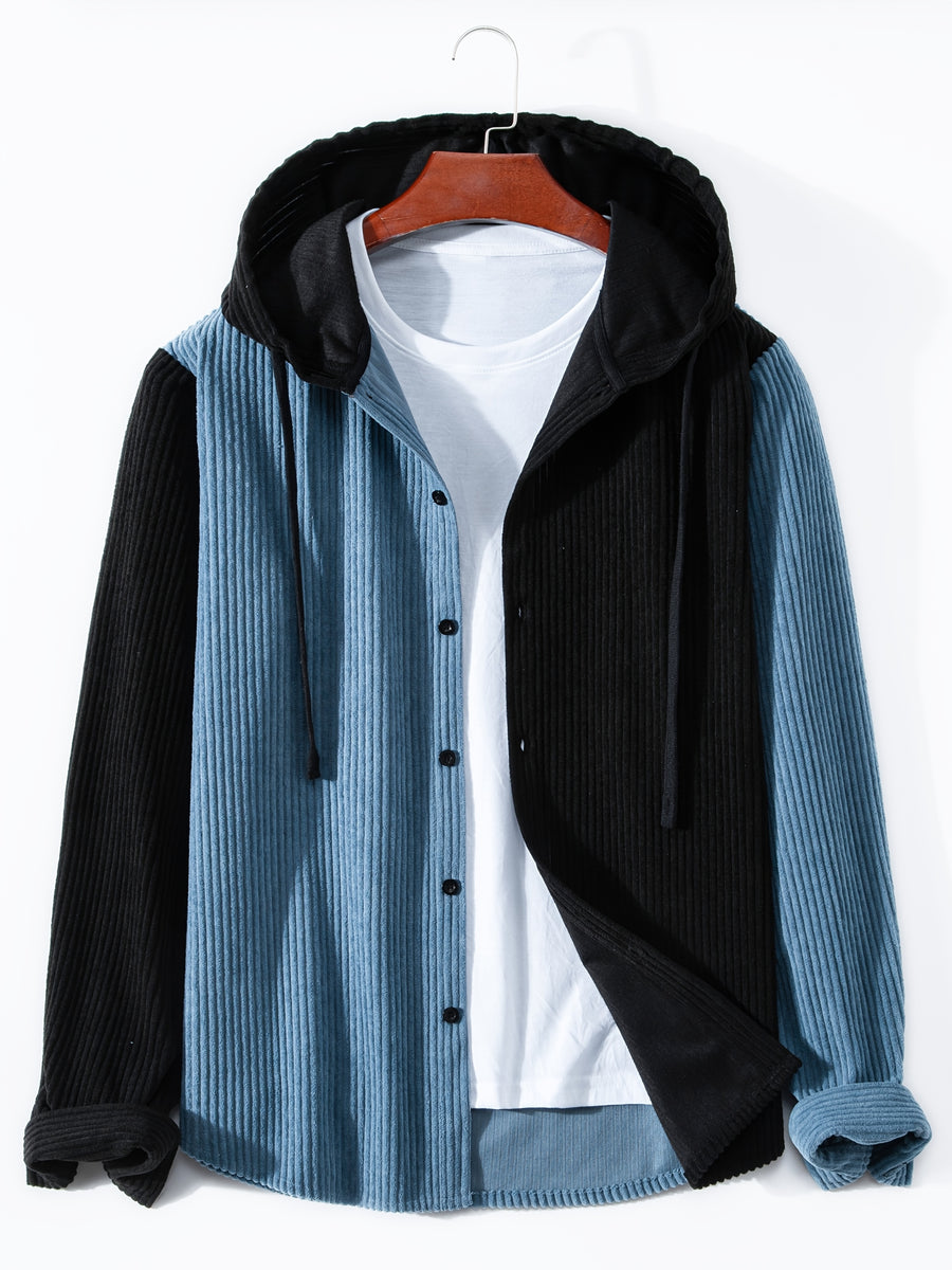 Men's Solid Color Patchwork Spring-Autumn Fashion Long-Sleeved Hooded Shirt Sweater Coat - Sky Blue