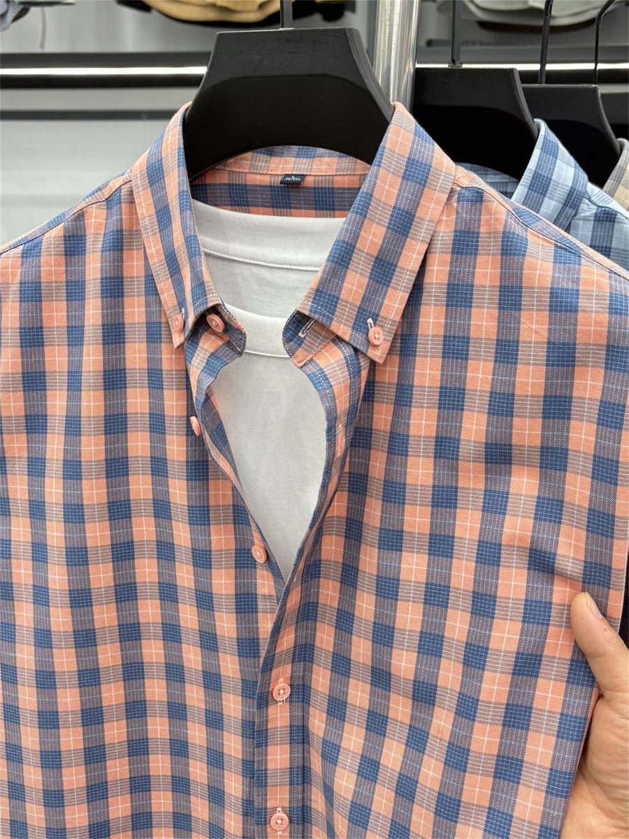 Men's Loose-Fit Thin Plaid Long-Sleeve Shirt for Spring, Summer, and Autumn, New Fashionable Casual Shirt for Young and Middle-Aged Men, Damai - Red Grid