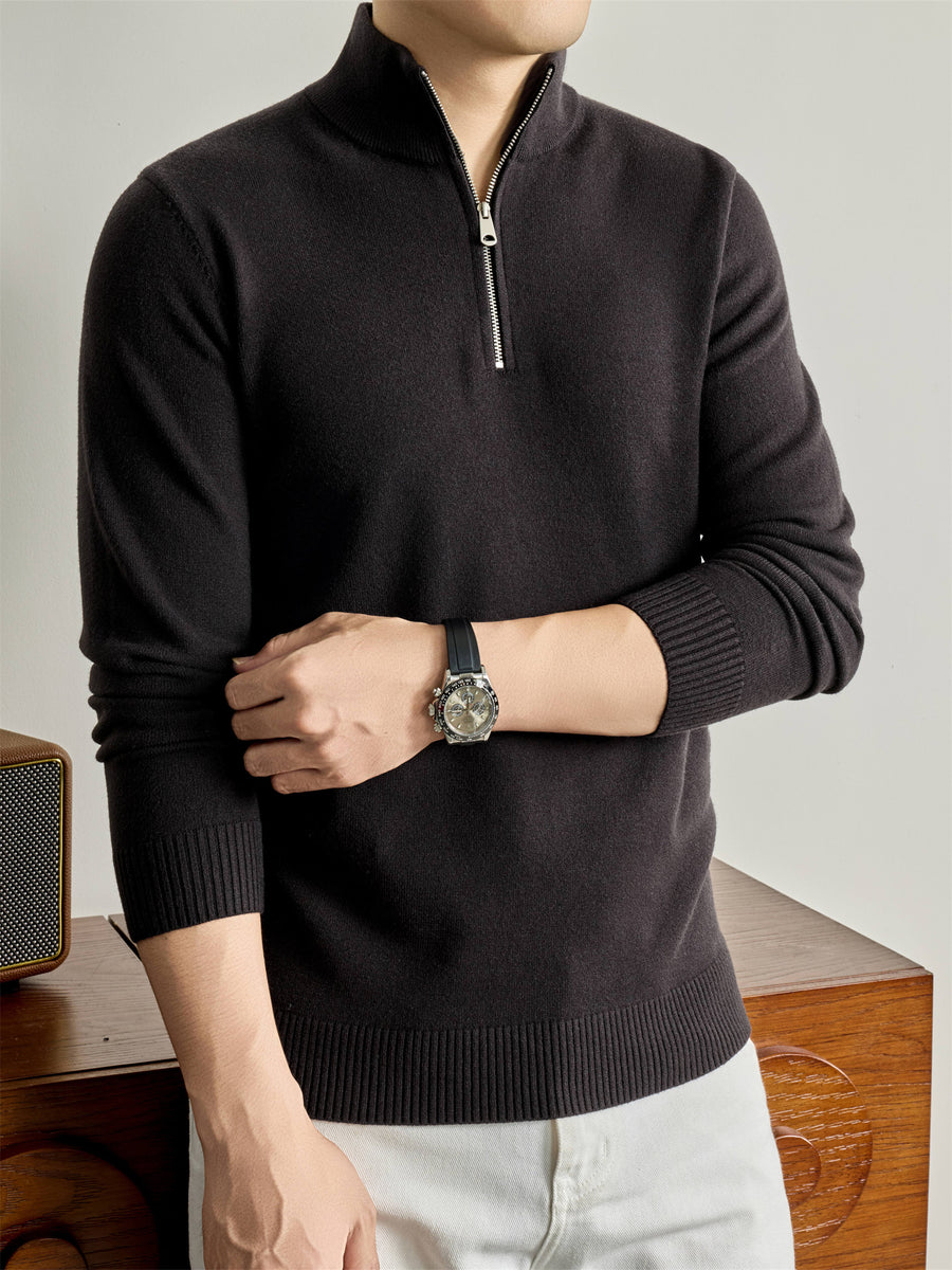 Autumn/Winter Knitted Solid Color Half-Zip Stand Collar Sweater, Basic Knit Pullover, Men's Fashion Long Sleeve Knitwear, QiS - Brown Coffee