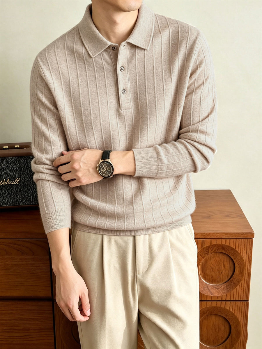 Autumn Winter Knit 3D Solid Color Lapel Sweater, Basic Knit Pullover Top for Men, Fashionable Long Sleeve Sweater HJ - Beige Color