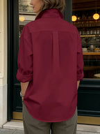 2026 Spring New Arrival Women's Large Button Shirt, Loose Fit Silhouette, Conceals Figure and, French-Style Commuter Elegance Long Sleeve Blouse, Versatile Designer Top - Burgundy