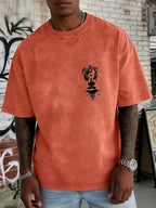 Washed and Distressed Pure Cotton Short-sleeve T-shirt with Trendy Double-sided Print Featuring Tai Chi, Zen, and Meditating Ink Wash Art. Available in 12 Colors for Mix-and-match Styling. Loose-fit Men's Top in High Street Y2K Style - Orange