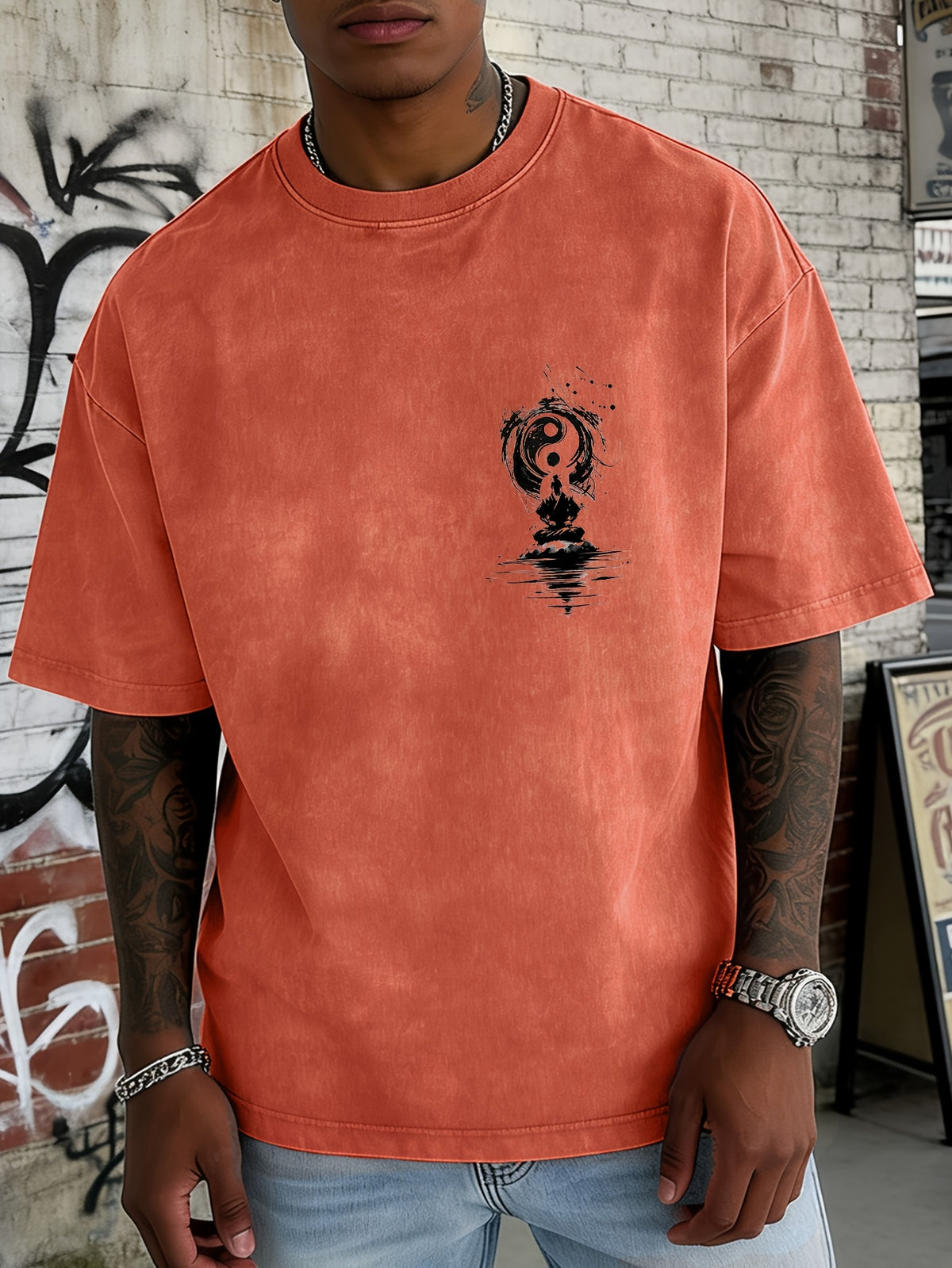 Washed and Distressed Pure Cotton Short-sleeve T-shirt with Trendy Double-sided Print Featuring Tai Chi, Zen, and Meditating Ink Wash Art. Available in 12 Colors for Mix-and-match Styling. Loose-fit Men's Top in High Street Y2K Style - Orange
