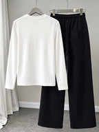 Heartbeat ECG Heart Pattern Print, American Vintage Korean-Style Relaxed Fit Women's Loose Crew Neck Long Sleeve Top and Drawstring Straight-Leg Wide-Leg Pants 2pcs Set, Simple Casual Sportswear, and Flattering on All Body Types, Versatile for All - White+black
