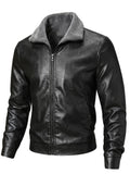 [Pearson OBM] Autumn Winter Men'S Faux Leather Jacket Fleece Thickened Lapel Coat Casual Top Warm Zippered Faux Leather Coat - Black