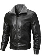 [Pearson OBM] Autumn Winter Men'S Faux Leather Jacket Fleece Thickened Lapel Coat Casual Top Warm Zippered Faux Leather Coat - Black
