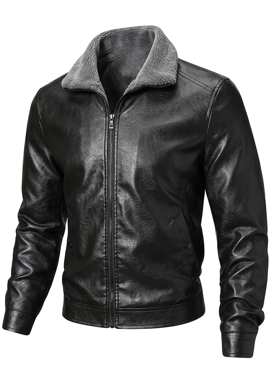 [Pearson OBM] Autumn Winter Men'S Faux Leather Jacket Fleece Thickened Lapel Coat Casual Top Warm Zippered Faux Leather Coat - Black