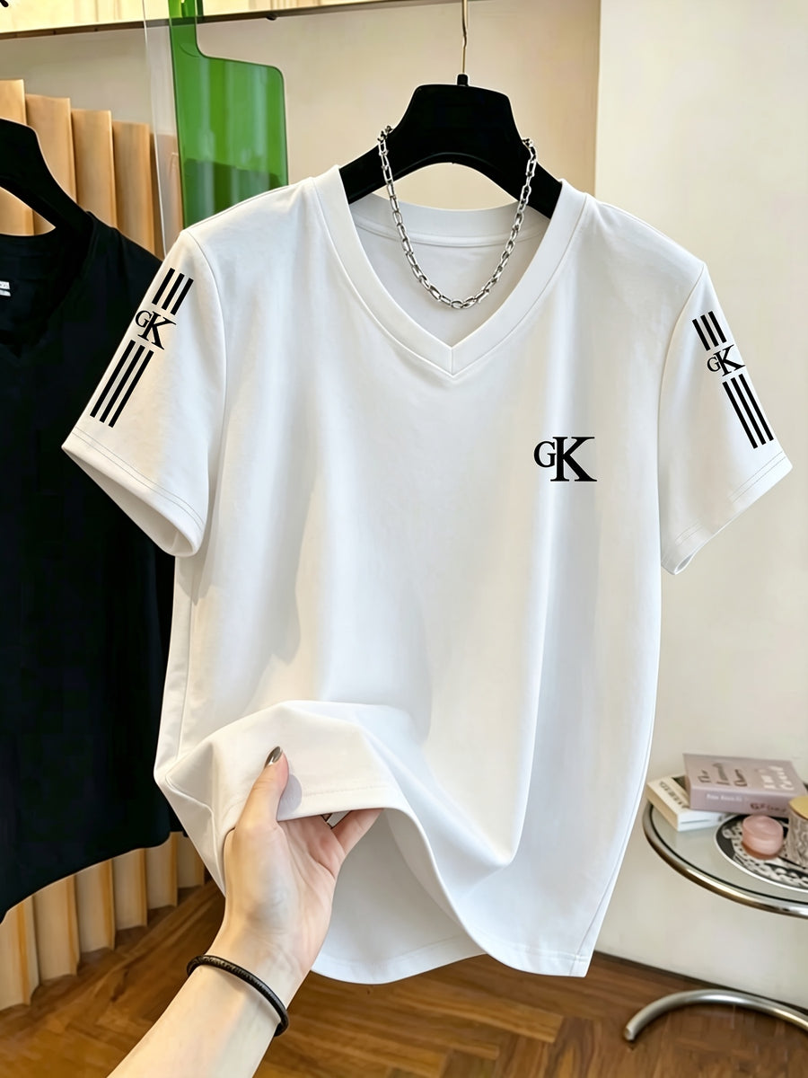 V-Neck Short-Sleeve T-Shirt with GK Letter & Striped Print - Casual Basic Top, Non- Opaque Shirt Suitable for Spring Summer Wardrobe, Machine Washable Casual Attire for Office, Layering & Transitional Outfits - White