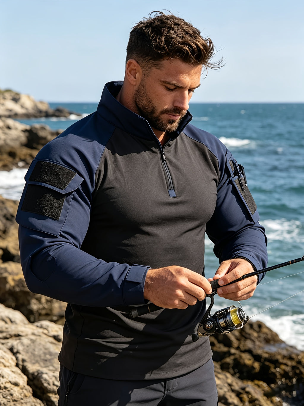 Outdoor Tactical Long-Sleeve Frog Suit Spring Autumn Men'S Stand-Collar Patchwork Elastic Breathable Top Thin Mountaineering Hiking Training Uniform - Navy Color