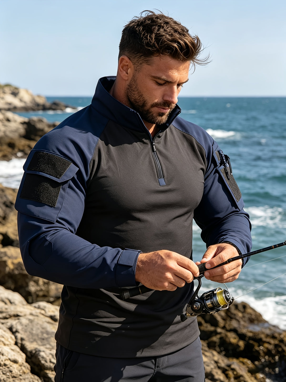 Outdoor Tactical Long-Sleeve Frog Suit Spring Autumn Men'S Stand-Collar Patchwork Elastic Breathable Top Thin Mountaineering Hiking Training Uniform - Navy Color