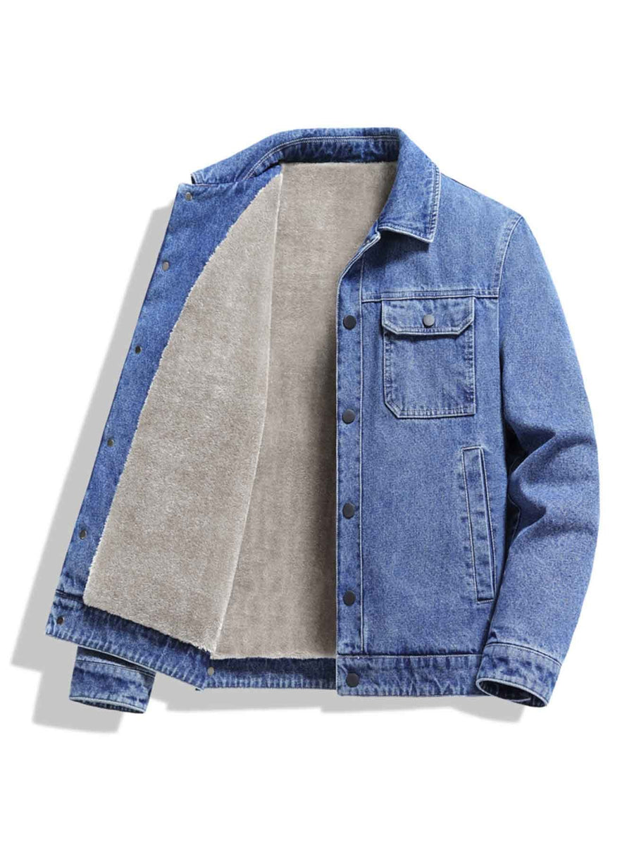 High-Quality Fashion Lapel Fleece-Lined Denim Jacket, Single-Breasted Simple Solid Color Men's Jacket with Large Pockets, Stylish Winter Thickened Men's Coat - Blue