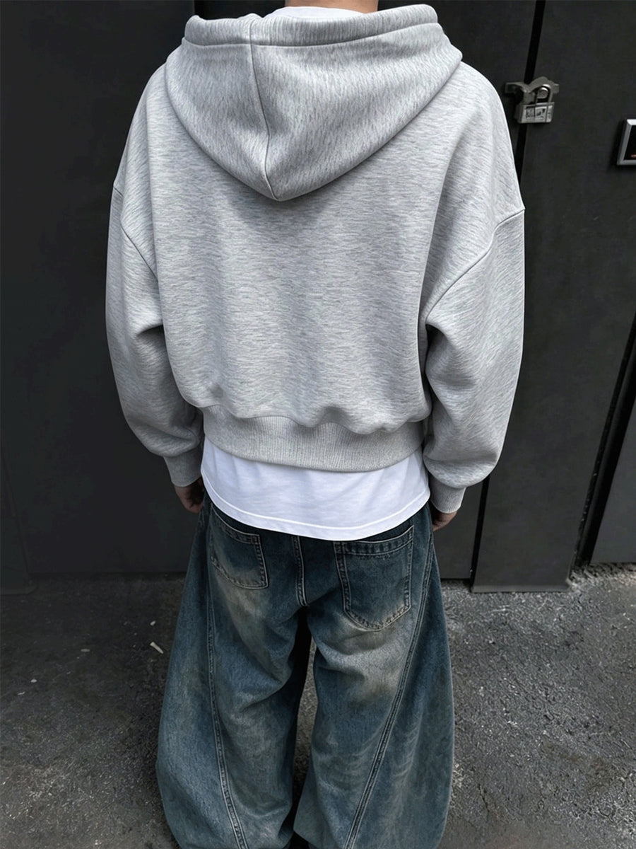 Men's Solid Color Drop Shoulder Zip-Up Sweatshirt, Double-Layer Hooded Sweatshirt Jacket, Long-Sleeve -Lined Jacket, Men's Zip-Up Cardigan for Spring/Autumn Casual Wear, Cropped Hooded Sweatshirt with Pockets and Drawstring, Suitable for Outings - Light Gray 1