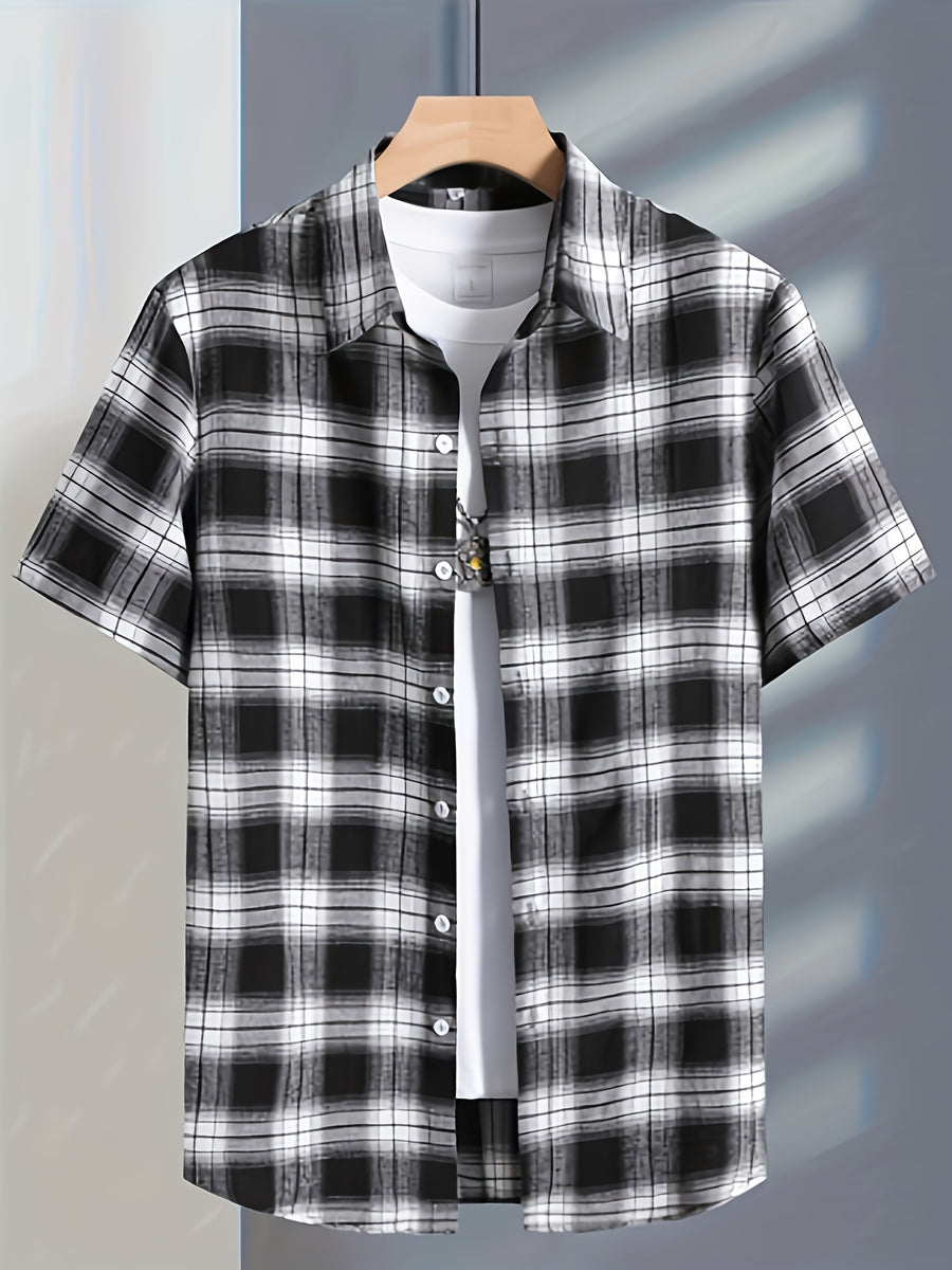 Men's Casual Plaid Button-Up Shirt - Short Sleeve, Black & White Polyester Fabric, Classic Collar, Machine Washable, Perfect for Casual Attire, Versatile Layering Piece | Classic Plaid Shirt | Mandarin Collar Shirt - Black