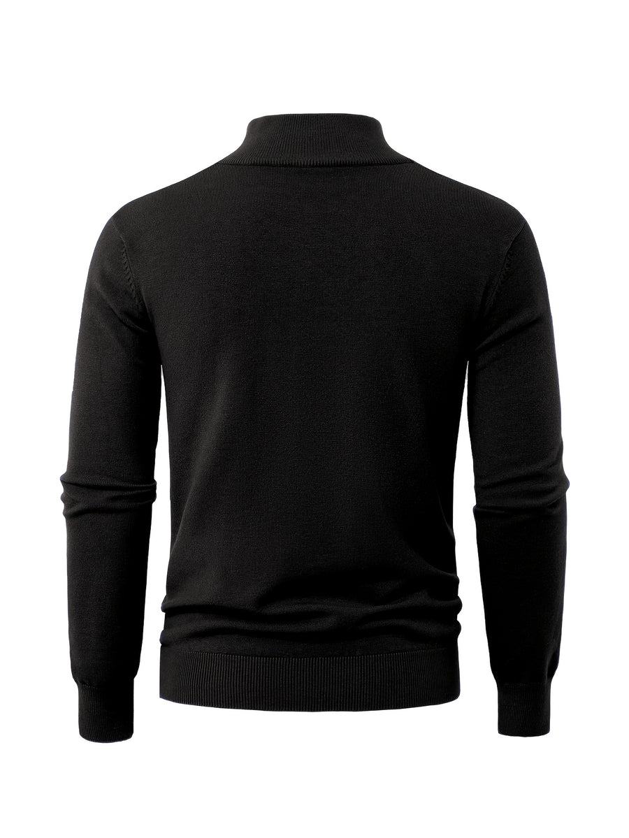 2025 New Men's Casual Solid Color Knit Zip-Front Sweater - Thickened Warm Top - Fashionable Minimalist Style with Medium Stretch for Daily Comfort, Men's Essential Cold-Weather Item, High-Quality Autumn/Winter Fashionable and Mature Pullover - Black